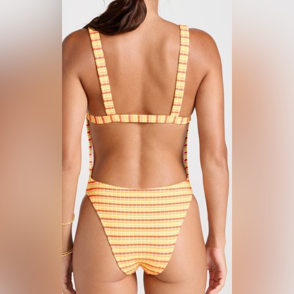 SOLID AND STRIPED one piece swim suit. Yellow, orange, and red striped